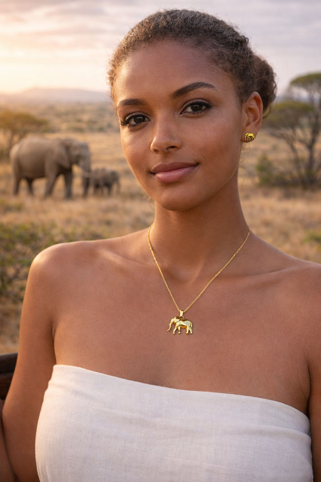 Woman wearing the Big 5 gold-plated elephant pendant necklace and matching elephant stud earrings, with elephants on the African savanna at sunset behind her.
