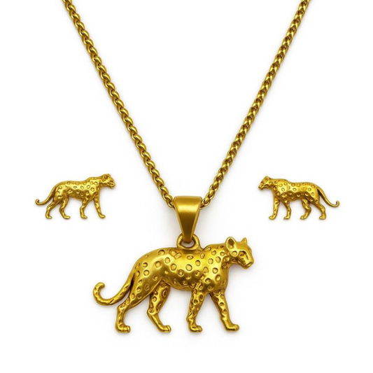 Big 5 gold leopard necklace and earring set by H2Wild - 18k gold-plated leopard pendant with engraved spots on a chain, with matching leopard stud earrings