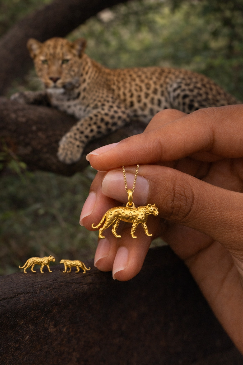 Gold leopard pendant necklace held in hand with matching leopard stud earrings on a branch, a wild leopard resting behind - Big 5 jewellery set by H2Wild