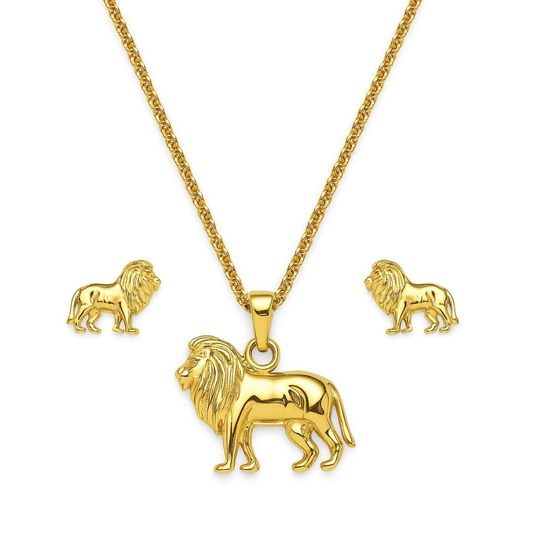 Big 5 gold lion necklace and earring set by H2Wild - 18k gold-plated lion pendant with a textured mane on a chain, with matching lion stud earrings