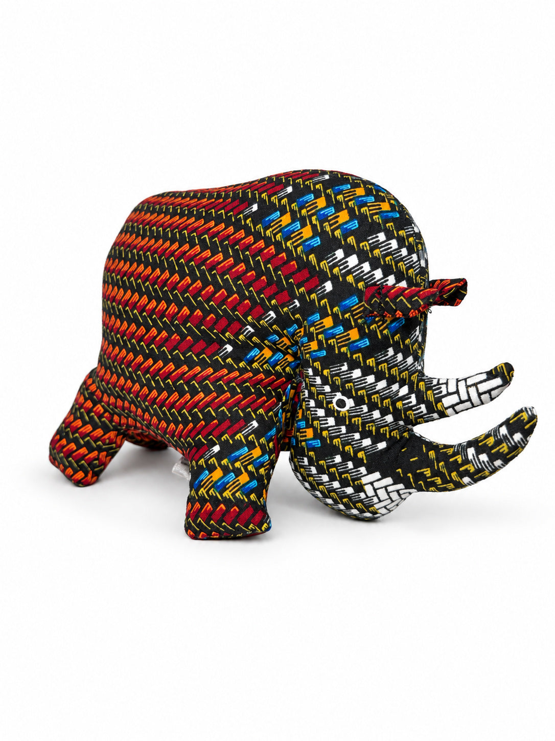Black multicolour African print rhino decoration with red, yellow, blue and white zigzags, handmade in Ghana