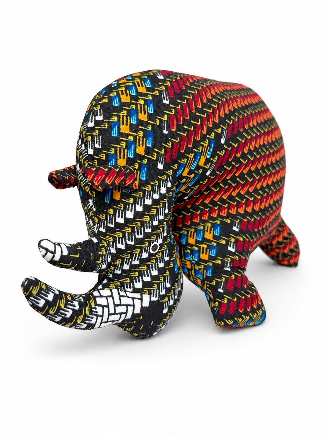 Black multicolour zigzag Ankara print rhino shelf decoration with two horns, handmade in Ghana