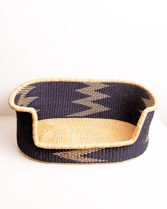 Front view → open sofa design, bold woven pattern