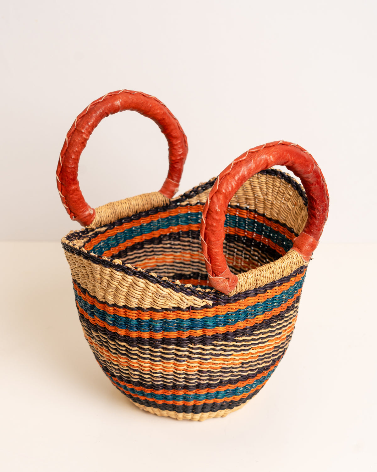 Bolga U-shopper basket, small African basket handwoven in Ghana with leather handles