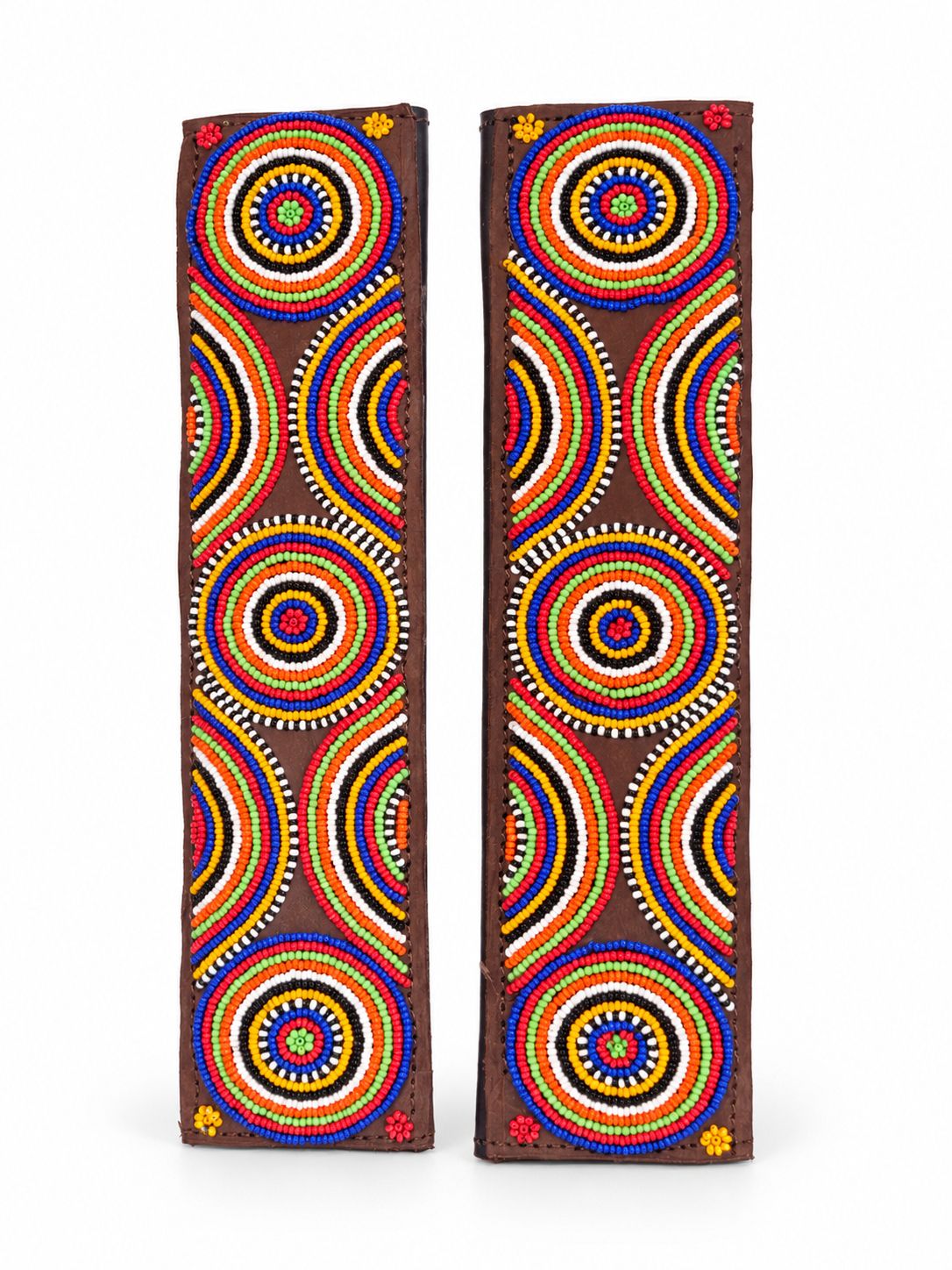 Pair of brown Maasai beaded seat belt covers with rainbow circles, 2 for £90