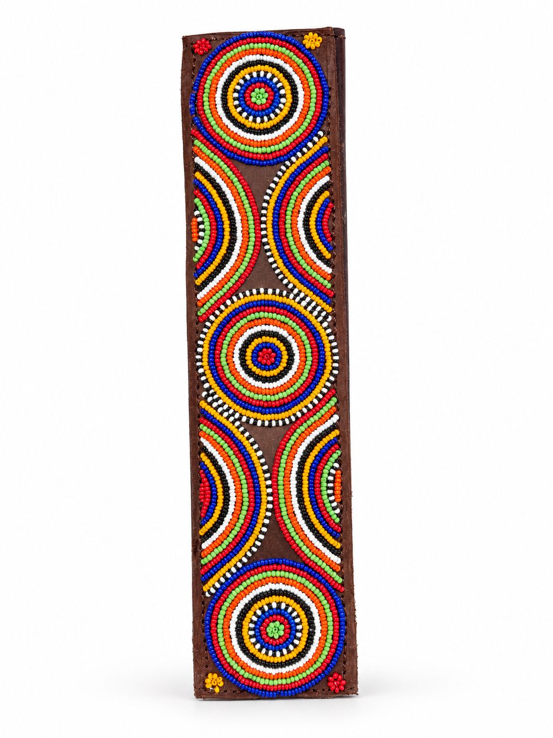 Front view of a brown Maasai beaded seat belt cover with red, blue, orange and green circles