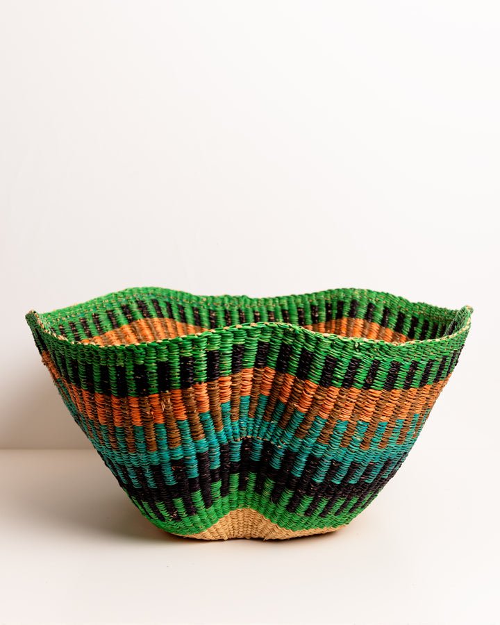 Hand-woven wavy basket — unique African artisan woven storage basket, ethically made Ghana