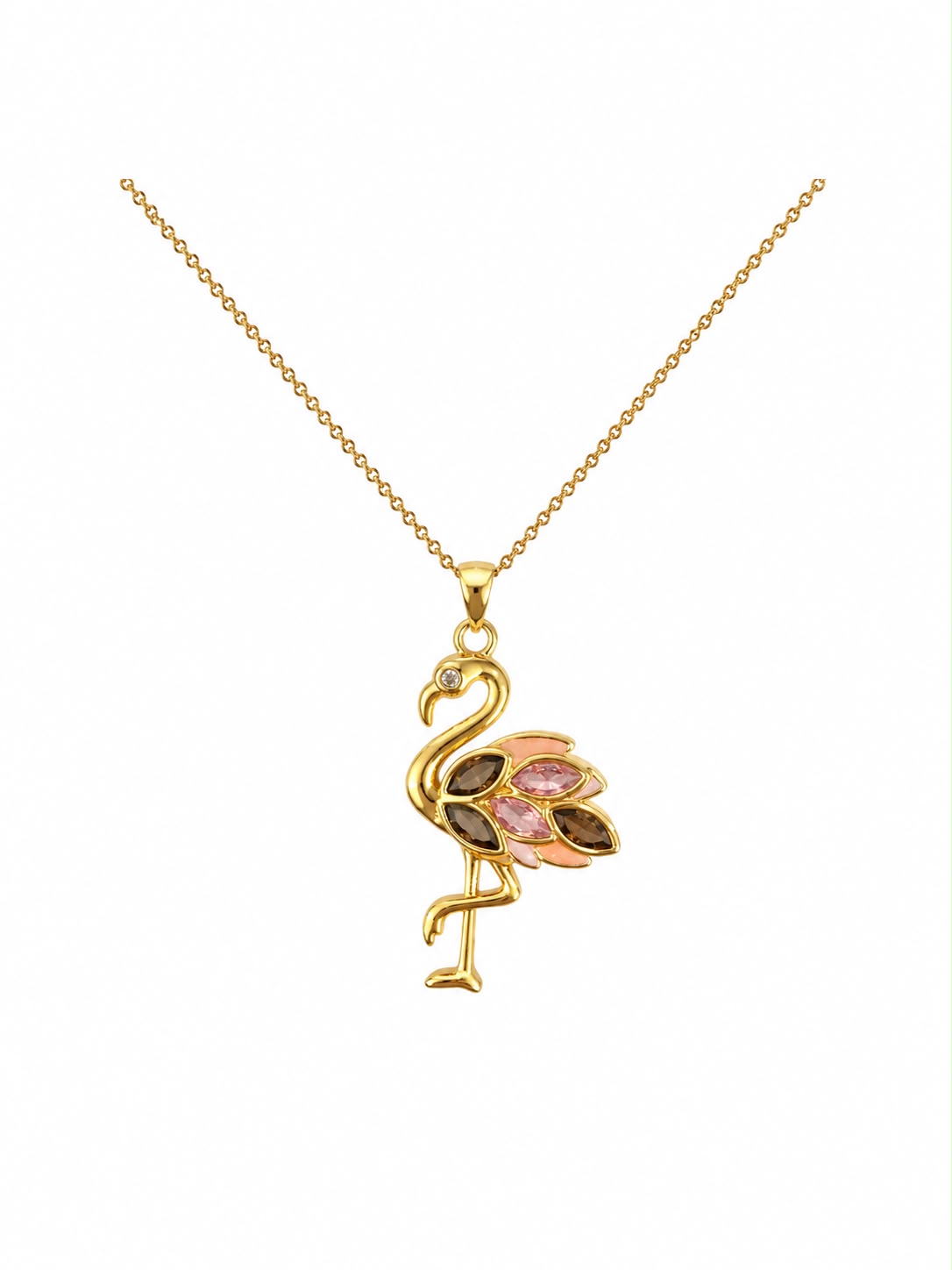 Gold-plated flamingo pendant necklace with pink and smoky-brown stones set in the wing, shown on a plain white background.