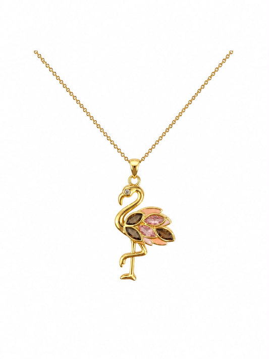 Gold-plated flamingo pendant necklace with pink and smoky-brown stones set in the wing, shown on a plain white background.