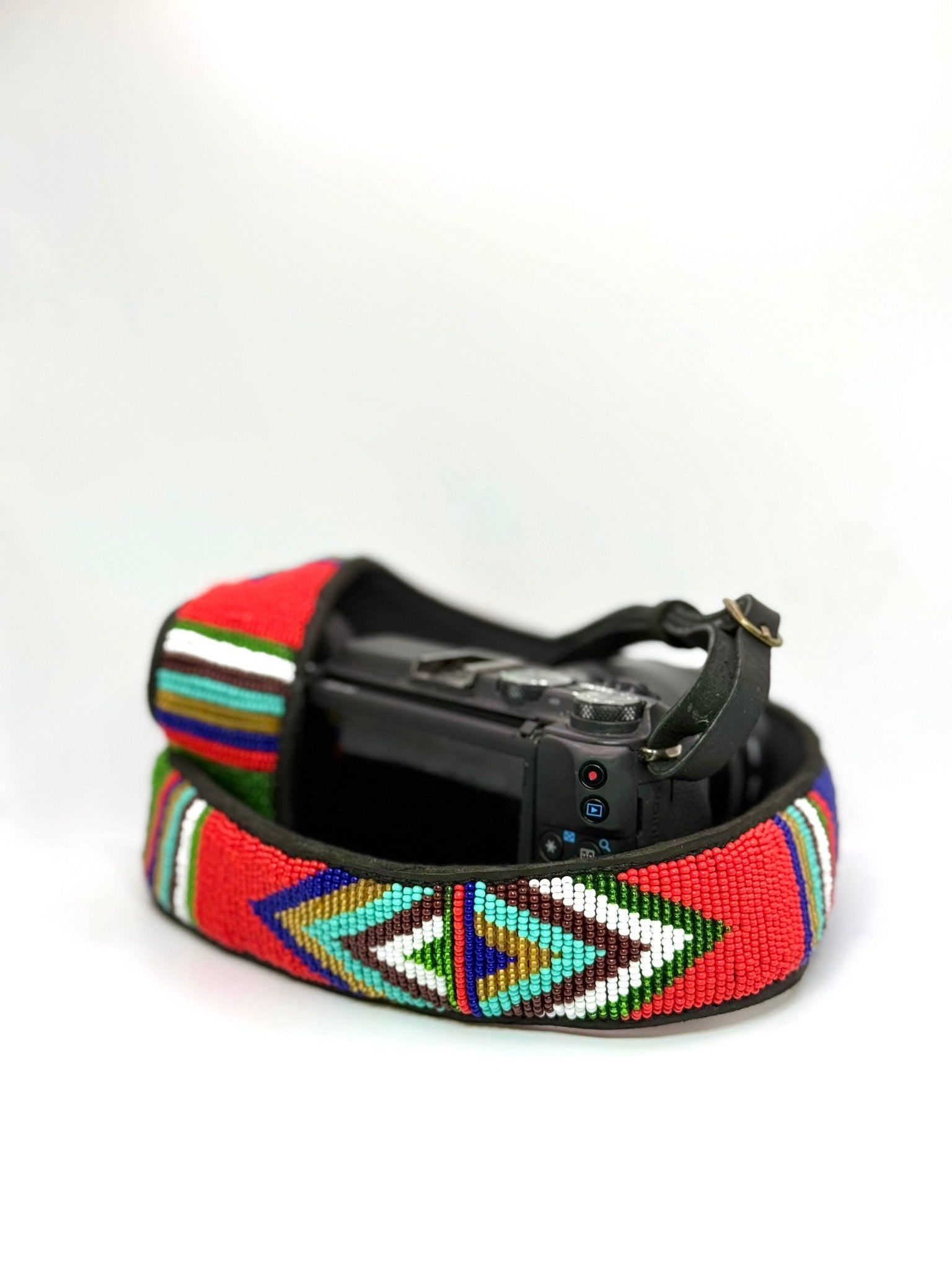 Hand-beaded leather camera strap — Kenyan Maasai artisan-made, adjustable and durable