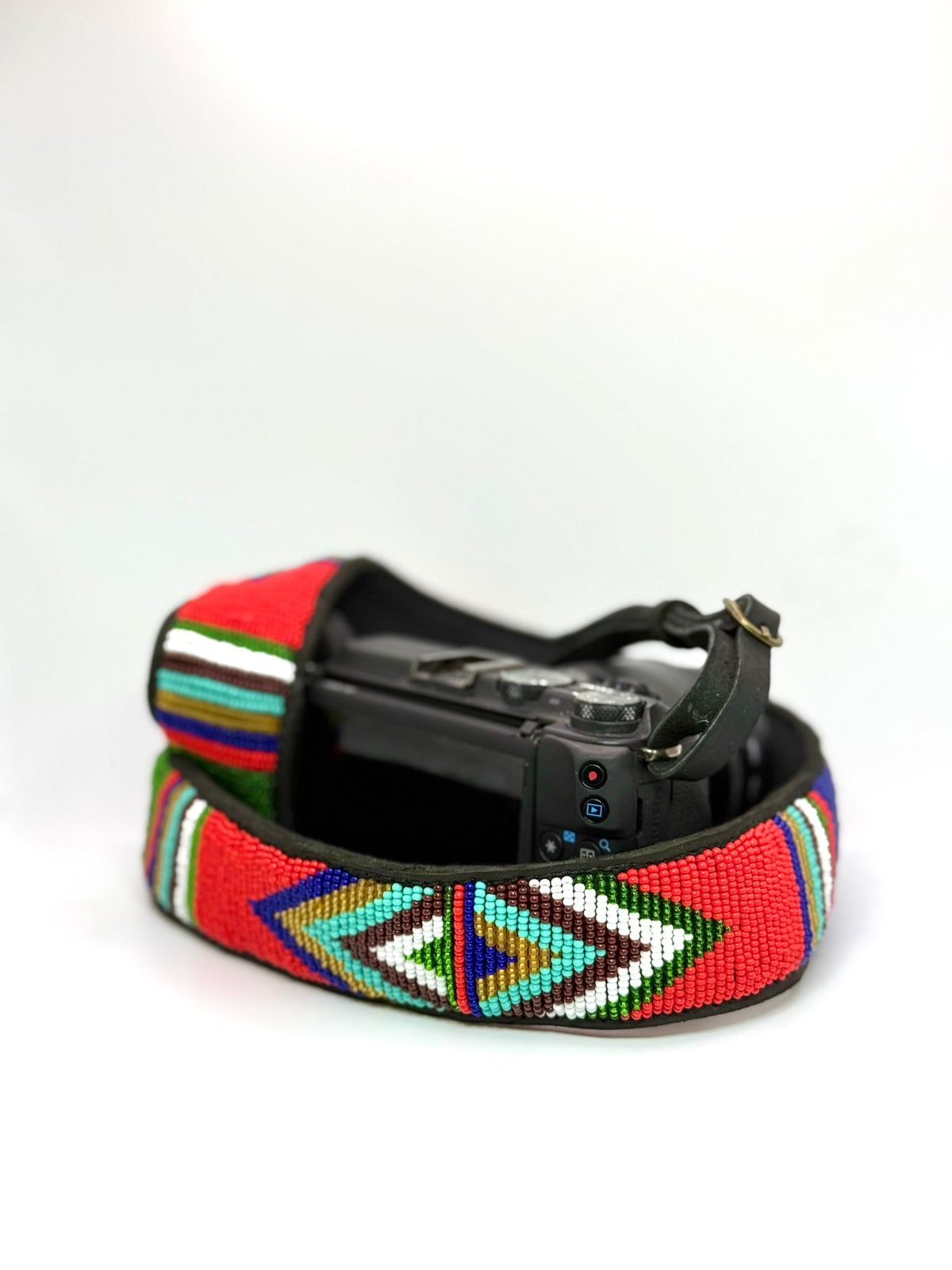 Hand-beaded leather camera strap — Kenyan Maasai artisan-made, adjustable and durable