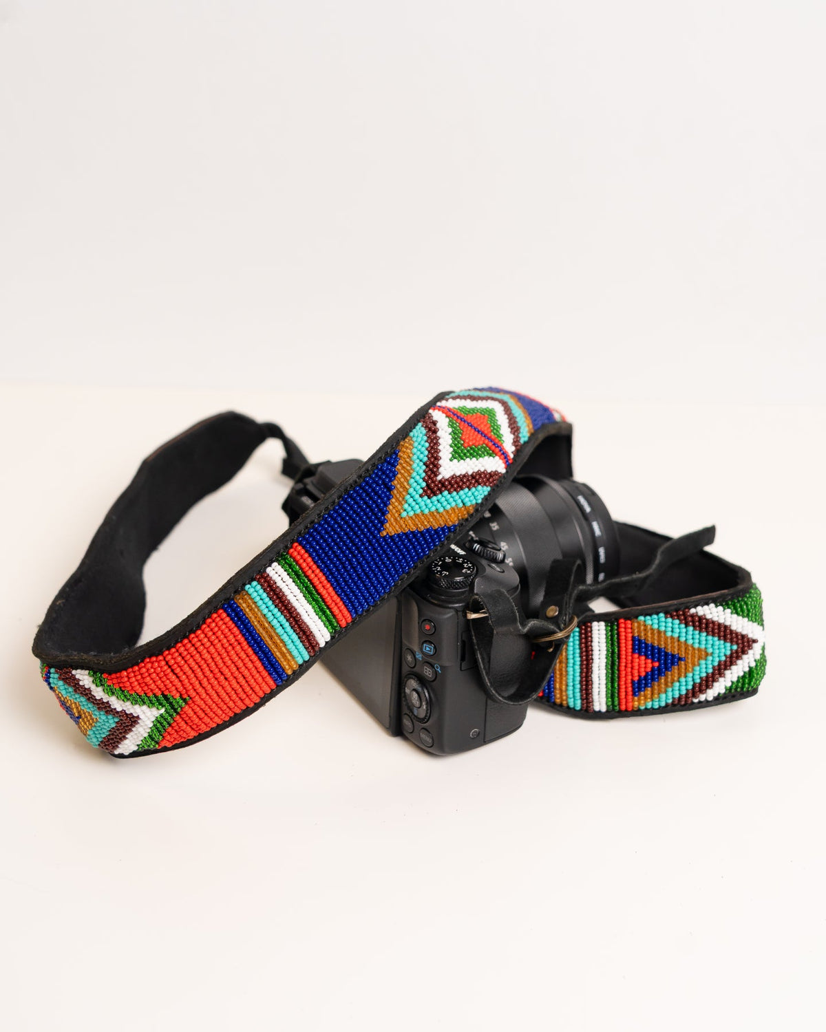 Hand-beaded leather camera strap — Kenyan Maasai artisan-made, adjustable and durable