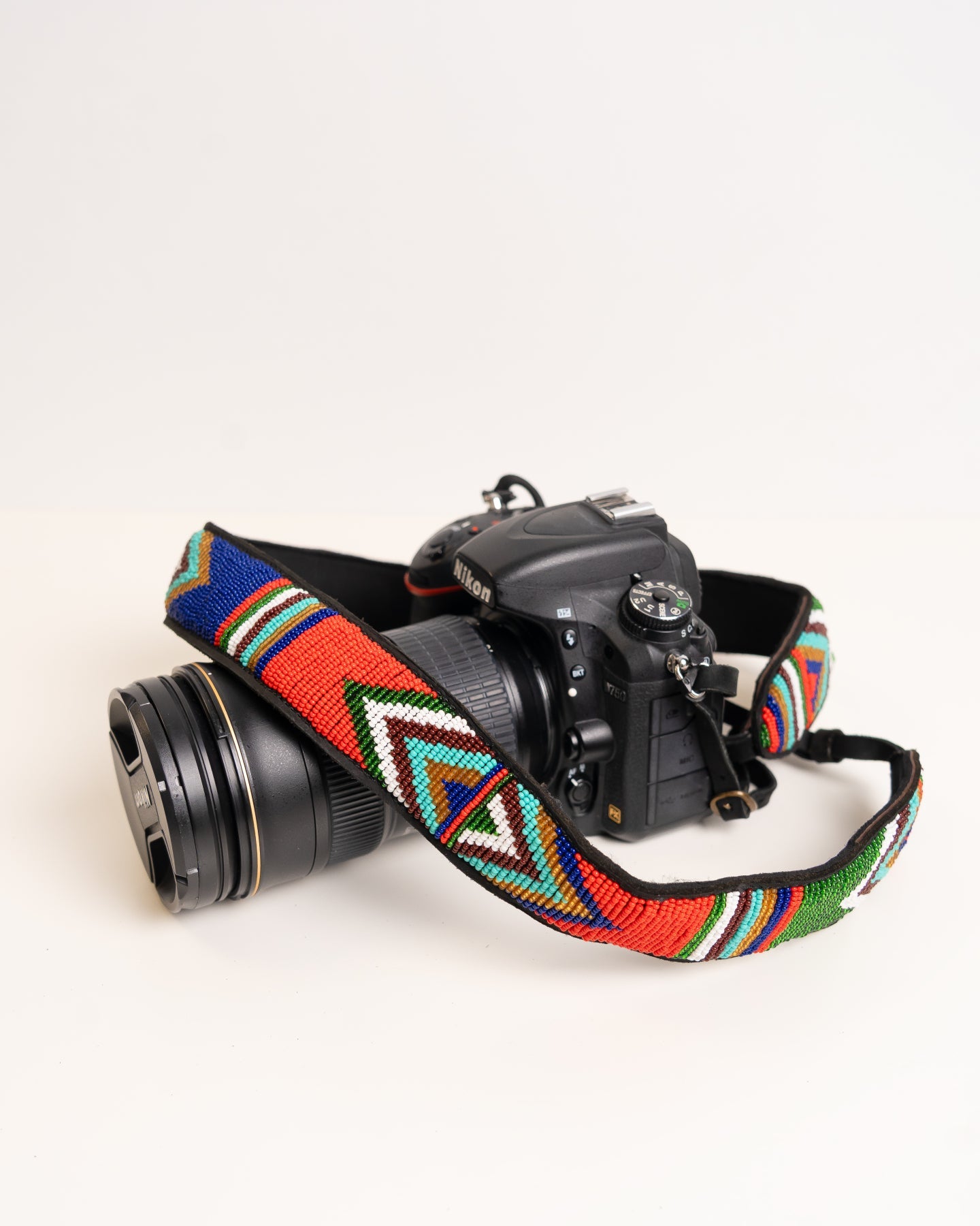 Hand-beaded leather camera strap — Kenyan Maasai artisan-made, adjustable and durable