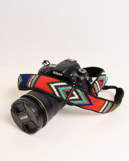 Hand-beaded leather camera strap — Kenyan Maasai artisan-made, adjustable and durable