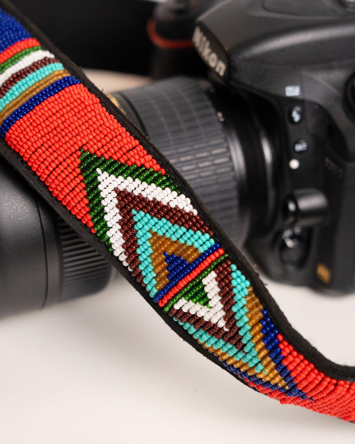 Hand-beaded leather camera strap — Kenyan Maasai artisan-made, adjustable and durable