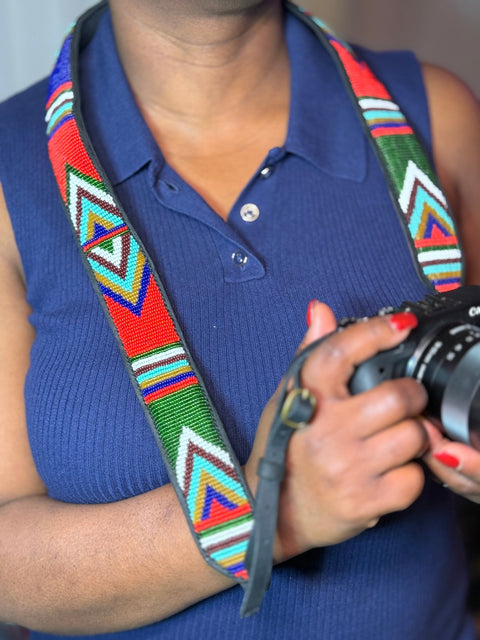 Hand - beaded Leather Camera Strap – Kenyan Artisan - Made, Adjustable & Durable - Nathez out of Africa