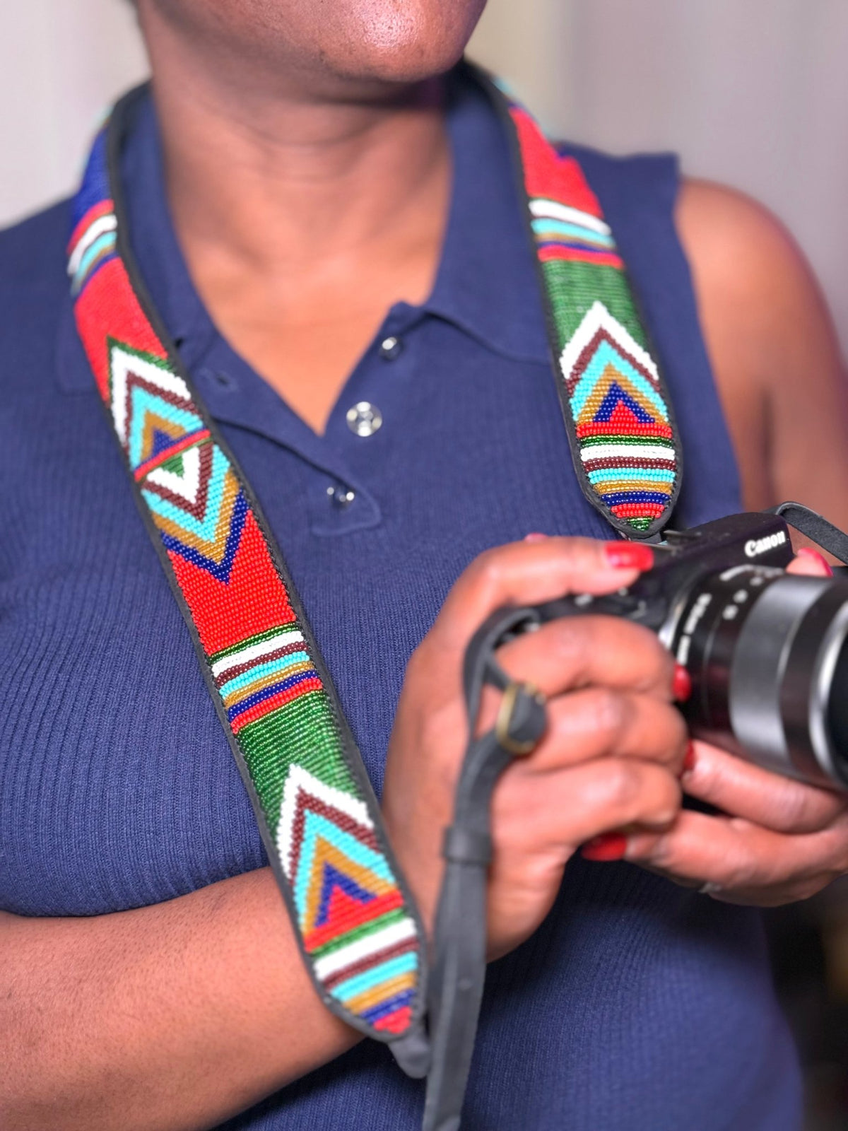 Hand-beaded leather camera strap — Kenyan Maasai artisan-made, adjustable and durable
