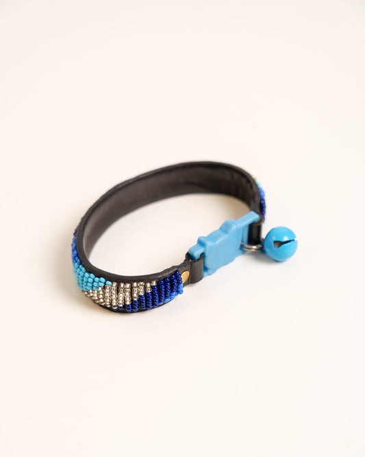 Hand-beaded leather Paka cat collar — African handmade kitten collar with bell, Kenyan artisan