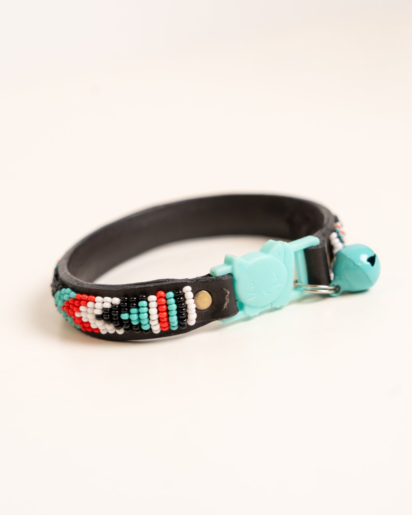 Hand-beaded leather Paka cat collar — African handmade kitten collar with bell, Kenyan artisan