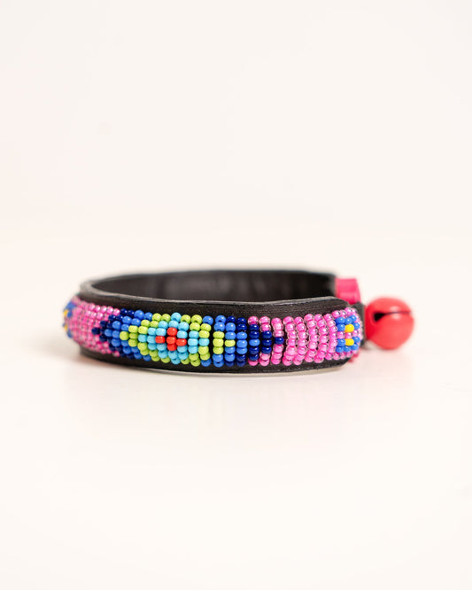 Hand-beaded leather Paka cat collar — African handmade kitten collar with bell, Kenyan artisan