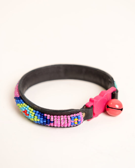 Hand-beaded leather Paka cat collar — African handmade kitten collar with bell, Kenyan artisan