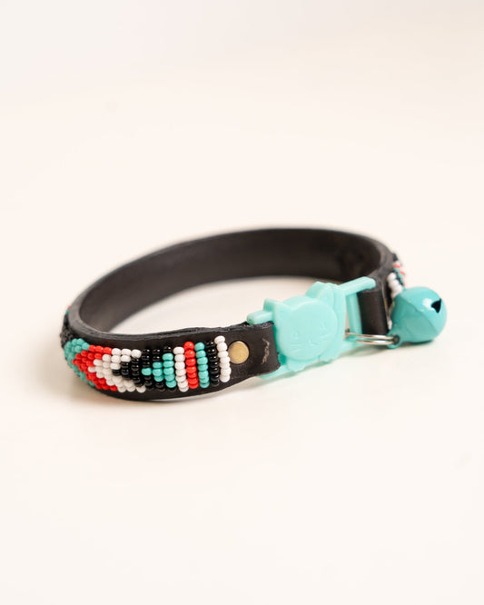 Hand-beaded leather Paka cat collar — African handmade kitten collar with bell, Kenyan artisan