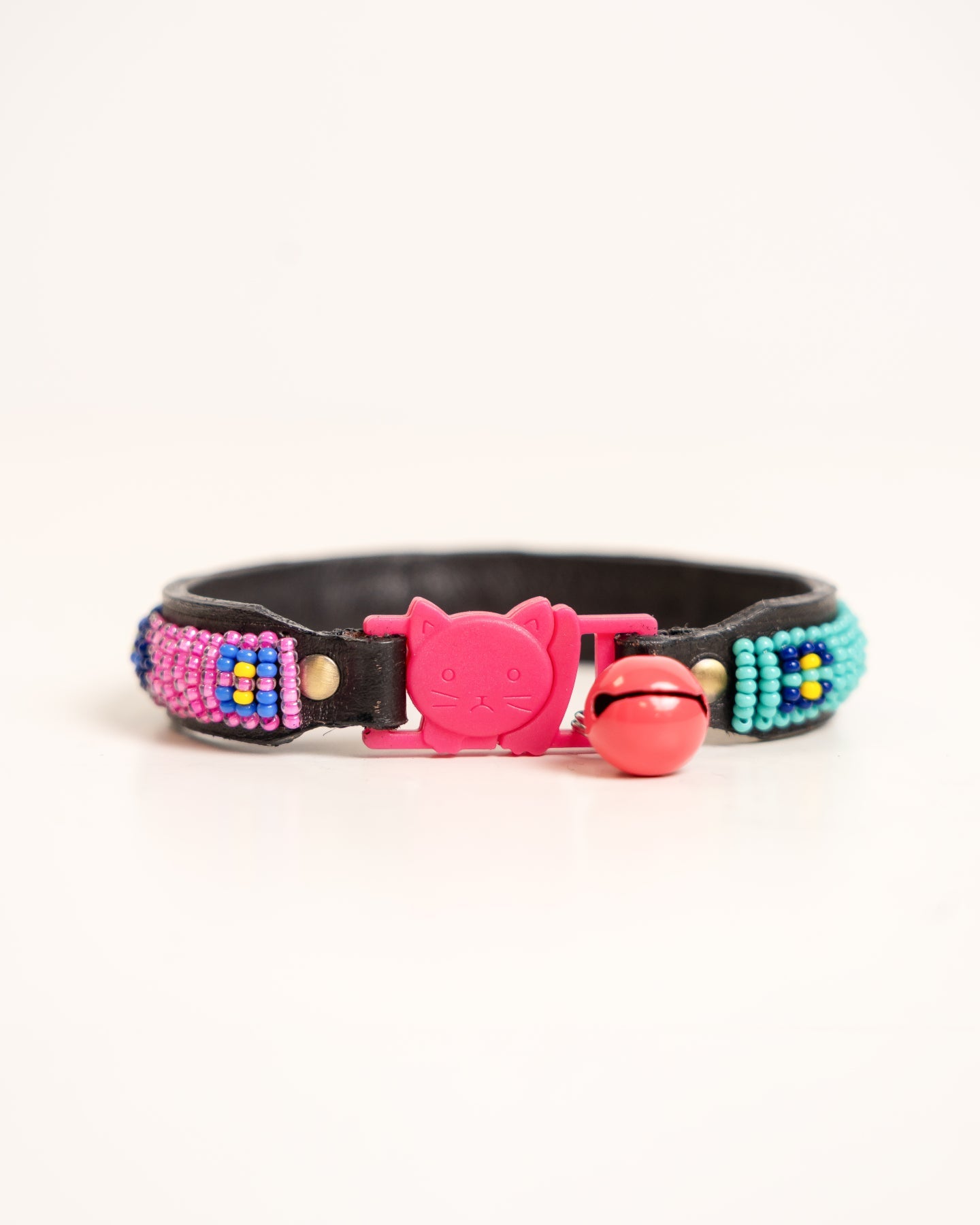Hand-beaded leather Paka cat collar — African handmade kitten collar with bell, Kenyan artisan