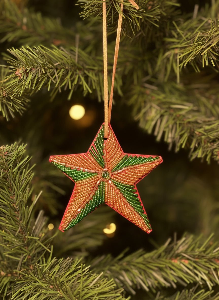 Hand-beaded star Christmas ornament — Kenyan artisan-made glass bead holiday tree decoration