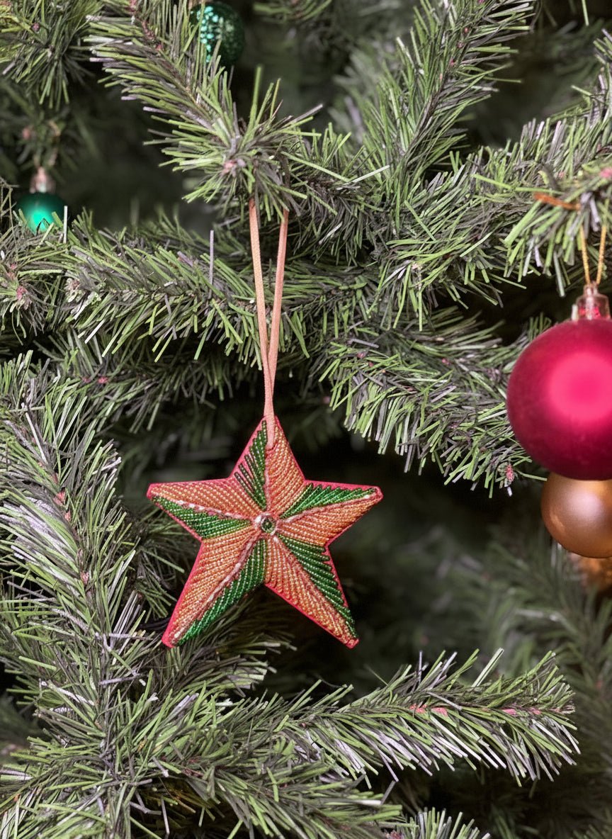 Hand-beaded star Christmas ornament — Kenyan artisan-made glass bead holiday tree decoration