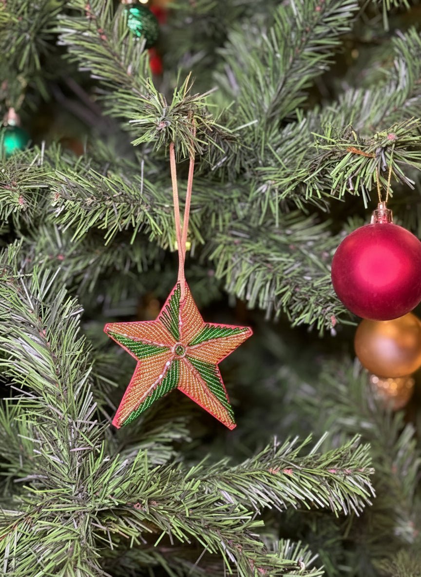 Hand-beaded star Christmas ornament — Kenyan artisan-made glass bead holiday tree decoration