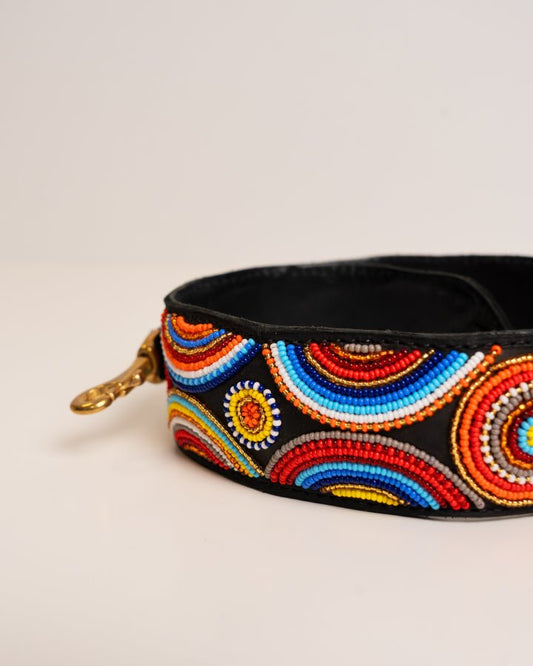 Hand-beaded leather handbag strap — interchangeable Kenyan artisan African beadwork luxury bag strap