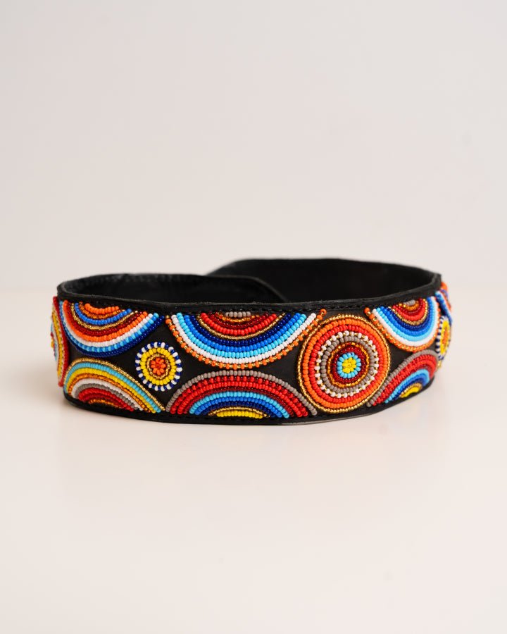 Hand-beaded leather handbag strap — interchangeable Kenyan artisan African beadwork luxury bag strap