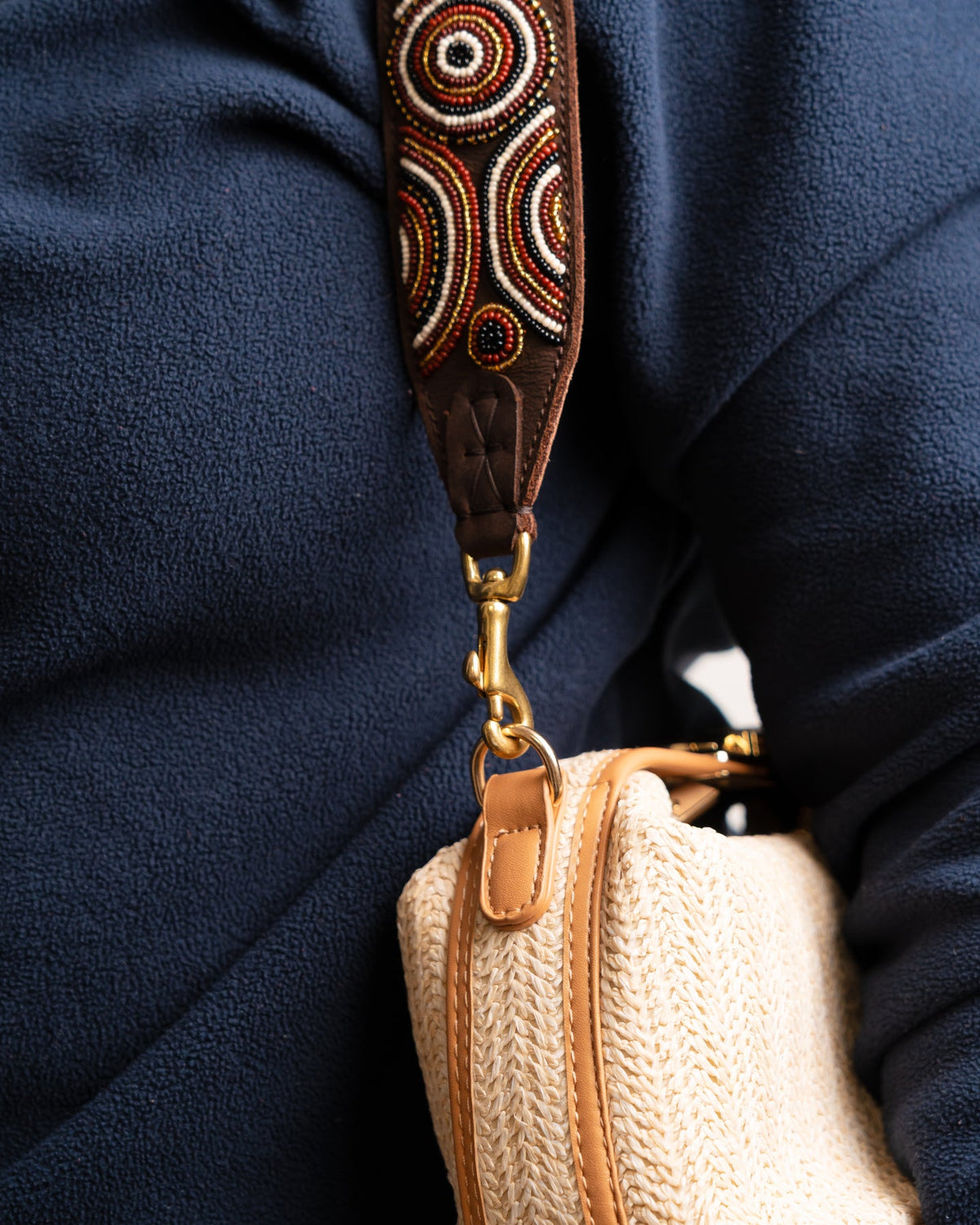 Hand-beaded leather handbag strap — interchangeable Kenyan artisan African beadwork luxury bag strap
