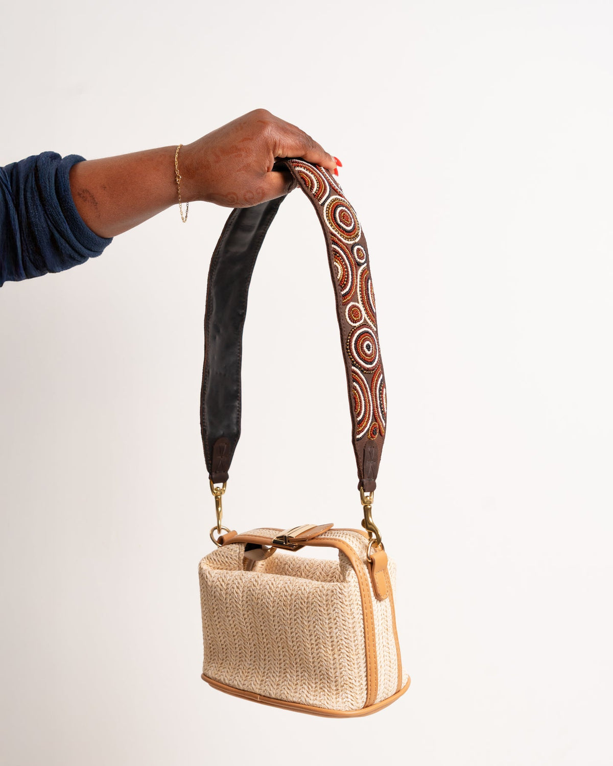 Hand-beaded leather handbag strap — interchangeable Kenyan artisan African beadwork luxury bag strap