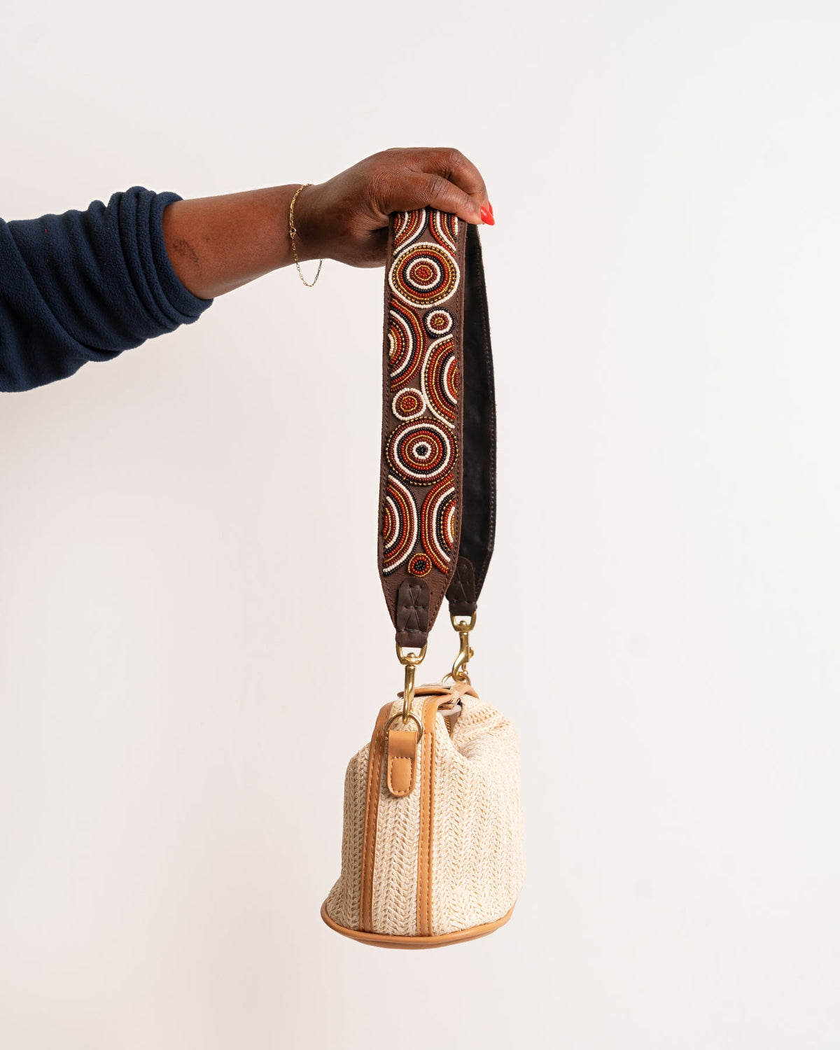 Hand-beaded leather handbag strap — interchangeable Kenyan artisan African beadwork luxury bag strap