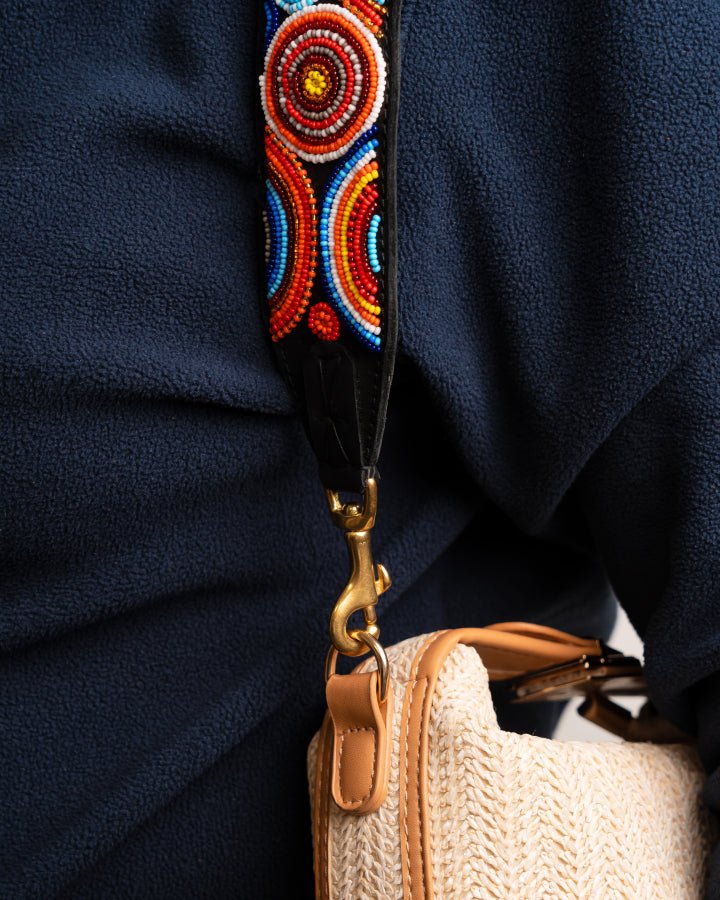 Hand-beaded leather handbag strap — interchangeable Kenyan artisan African beadwork luxury bag strap