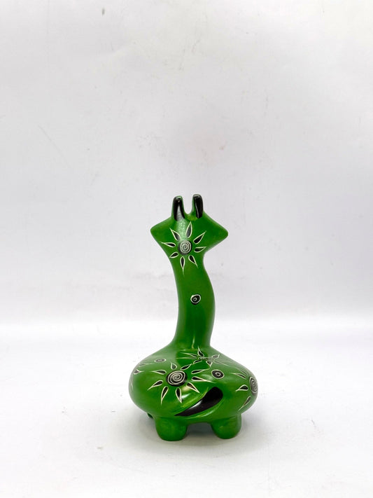Handcrafted African soapstone giraffe — green figurine with tribal patterns, ethical Kenyan decor