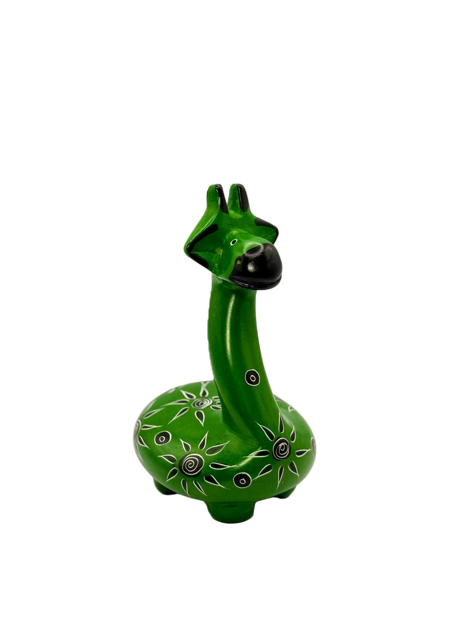 Handcrafted African soapstone giraffe — green figurine with tribal patterns, ethical Kenyan decor