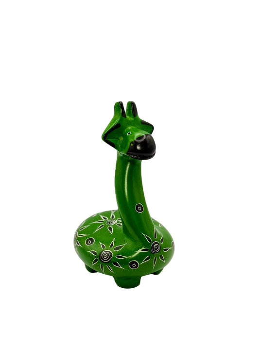 Handcrafted African soapstone giraffe — green figurine with tribal patterns, ethical Kenyan decor