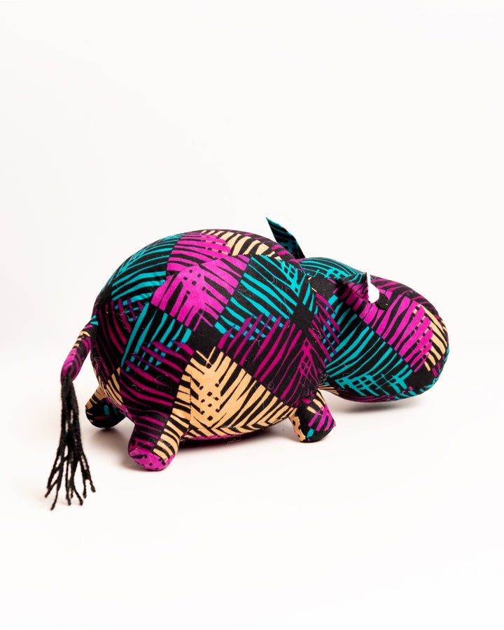 Handmade African textile hippo soft toy medium — fair trade artisan gift from Africa
