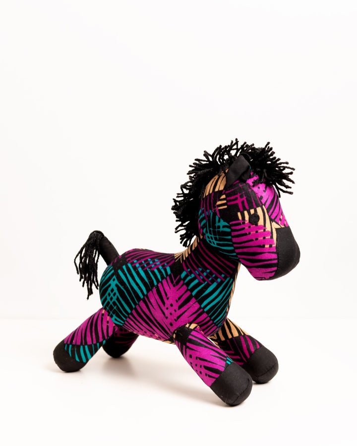 Handmade African textile zebra soft toy — colourful artisan-made fabric animal toy, Ghana