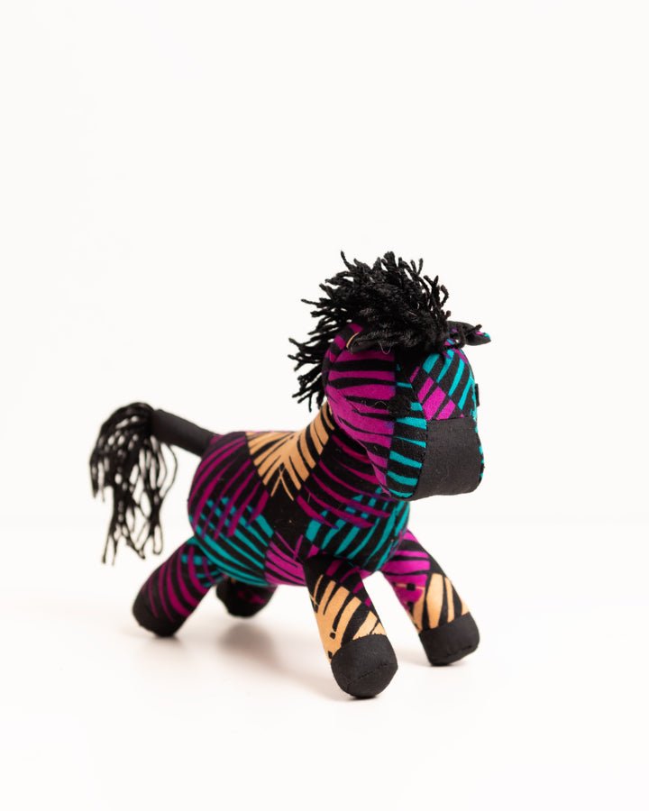 Handmade African textile zebra soft toy — colourful artisan-made fabric animal toy, Ghana