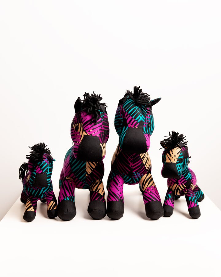 Handmade African textile zebra soft toy — colourful artisan-made fabric animal toy, Ghana
