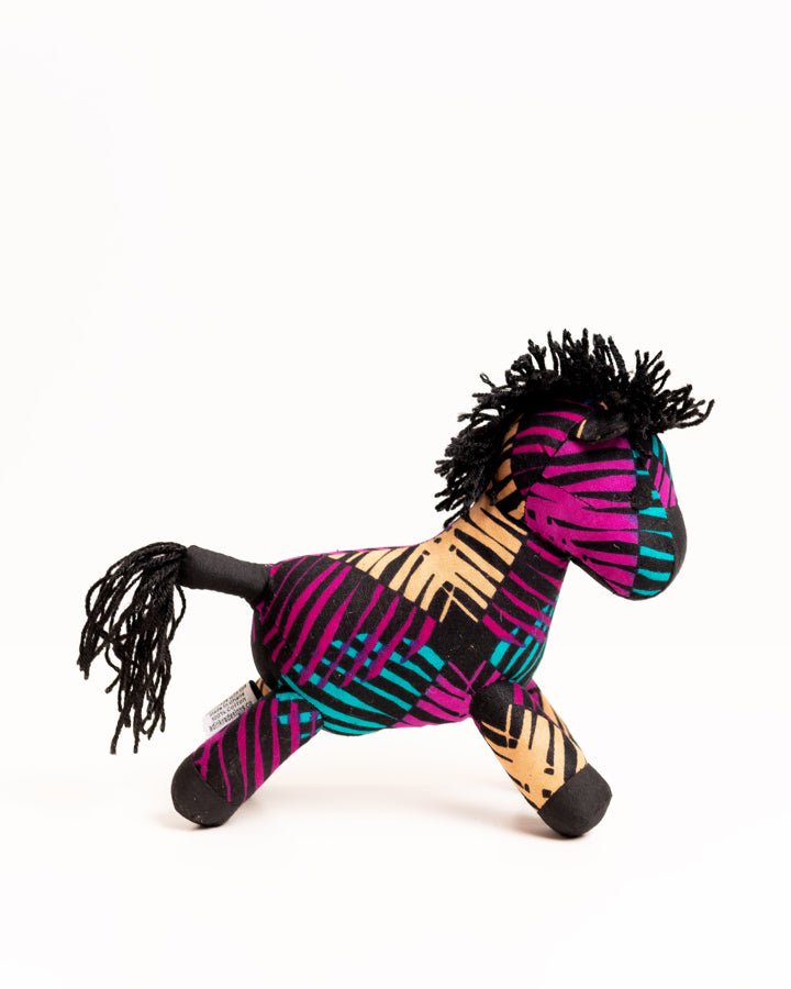 Handmade African textile zebra soft toy — colourful artisan-made fabric animal toy, Ghana