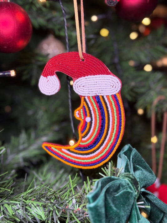 Handmade glass beaded Christmas ornament moon with Santa hat — unique African holiday tree decor