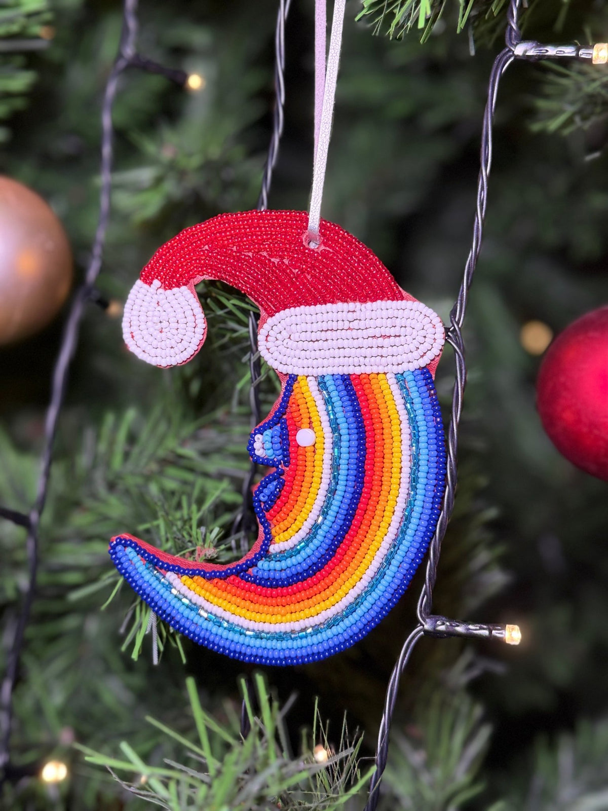 Handmade glass beaded Christmas ornament moon with Santa hat — unique African holiday tree decor