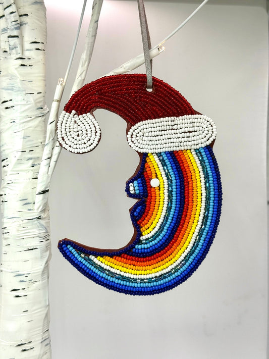 Handmade glass beaded Christmas ornament moon with Santa hat — unique African holiday tree decor