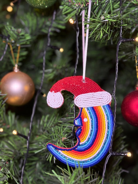 Handmade Glass Beaded Christmas Ornament – Colourful Moon Decor with Santa Hat | Unique Holiday Tree Decoration - Nathez out of Africa