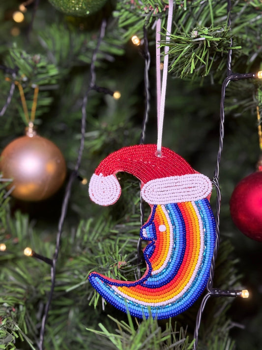 Handmade glass beaded Christmas ornament moon with Santa hat — unique African holiday tree decor