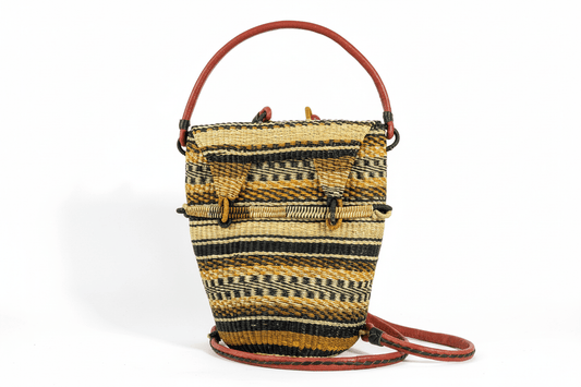 Hand-woven Bolga rucksack — ethical African straw backpack, Ghanaian artisan craftsmanship